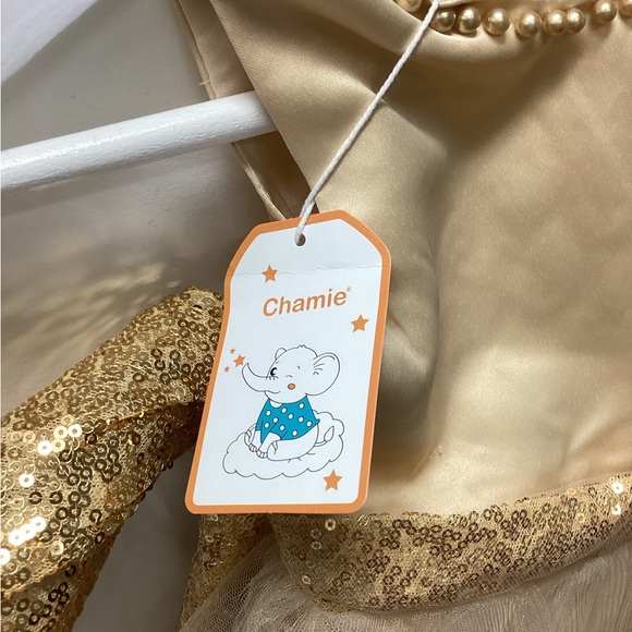 Gold sequin little girls party dress with detachable bow - Picture 3 of 4